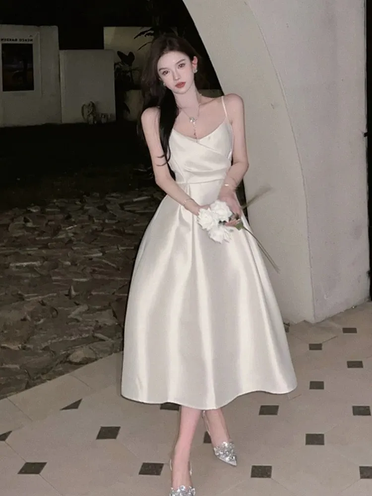 JazzHer Vintage A Line Spaghetti Straps Satin Ivory Sleeveless Prom Dresses Birthday Party Dress (PRE-ORDER)