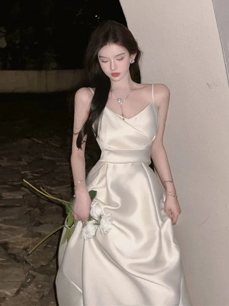 JazzHer Vintage A Line Spaghetti Straps Satin Ivory Sleeveless Prom Dresses Birthday Party Dress (PRE-ORDER)