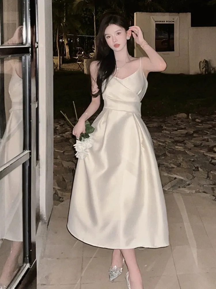 JazzHer Vintage A Line Spaghetti Straps Satin Ivory Sleeveless Prom Dresses Birthday Party Dress (PRE-ORDER)
