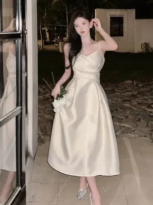 JazzHer Vintage A Line Spaghetti Straps Satin Ivory Sleeveless Prom Dresses Birthday Party Dress (PRE-ORDER)