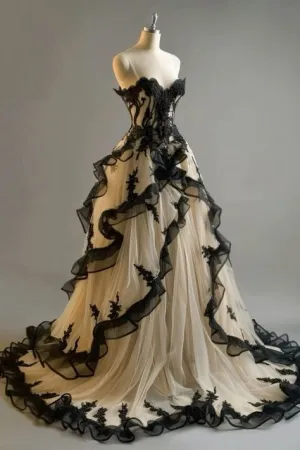 JazzHer Vintage Ball Gown Sweetheart Black Tulle Prom Dresses Long Ruffles Evening Dress (PRE-ORDER)