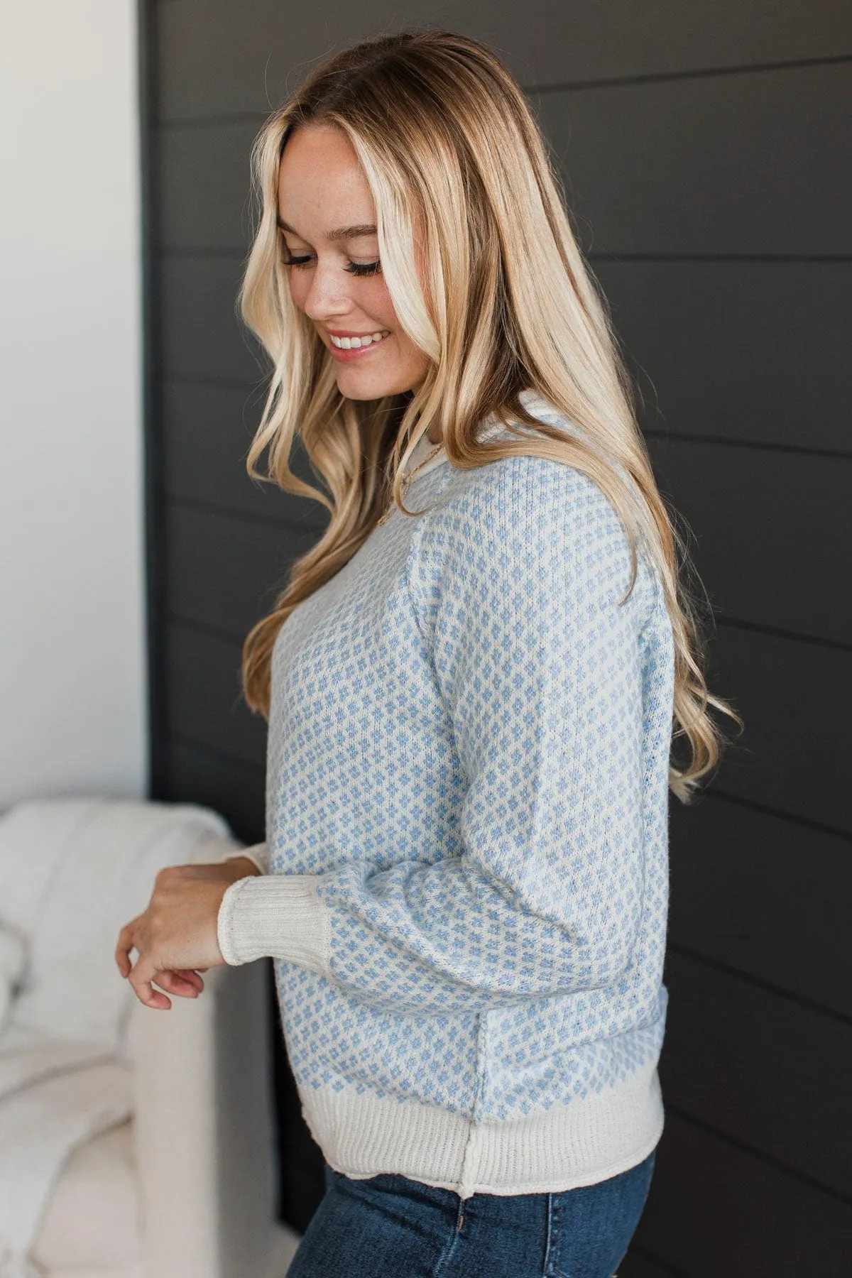Just Stopping By Printed Knit Sweater- Chambray