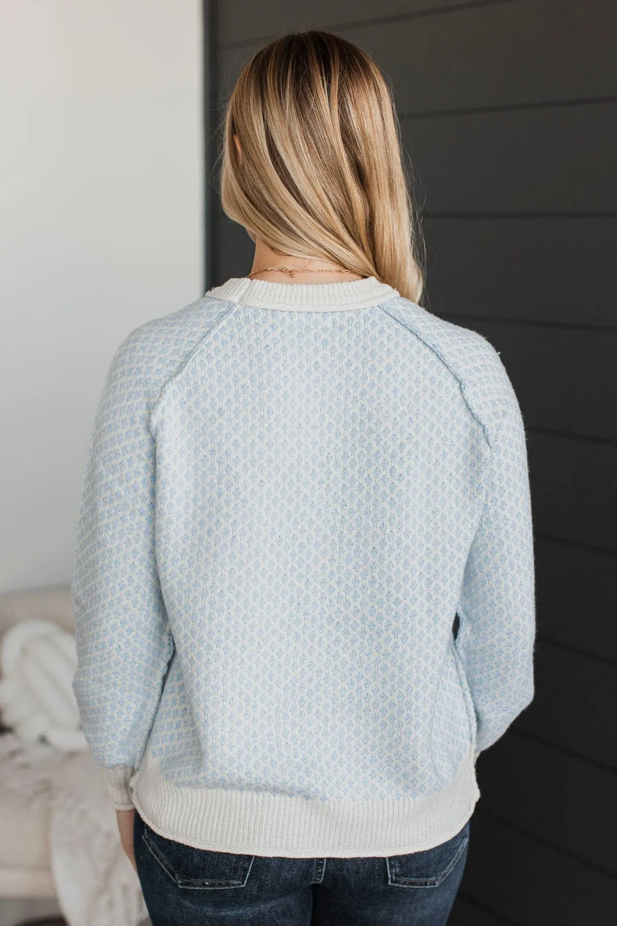 Just Stopping By Printed Knit Sweater- Chambray