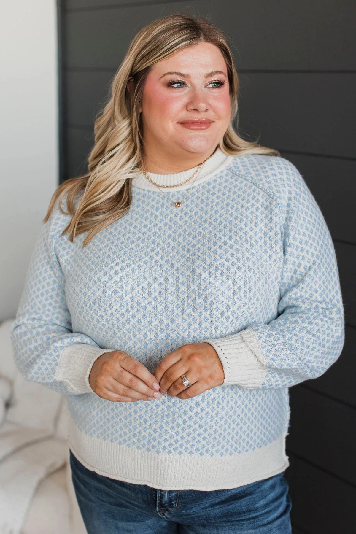 Just Stopping By Printed Knit Sweater- Chambray