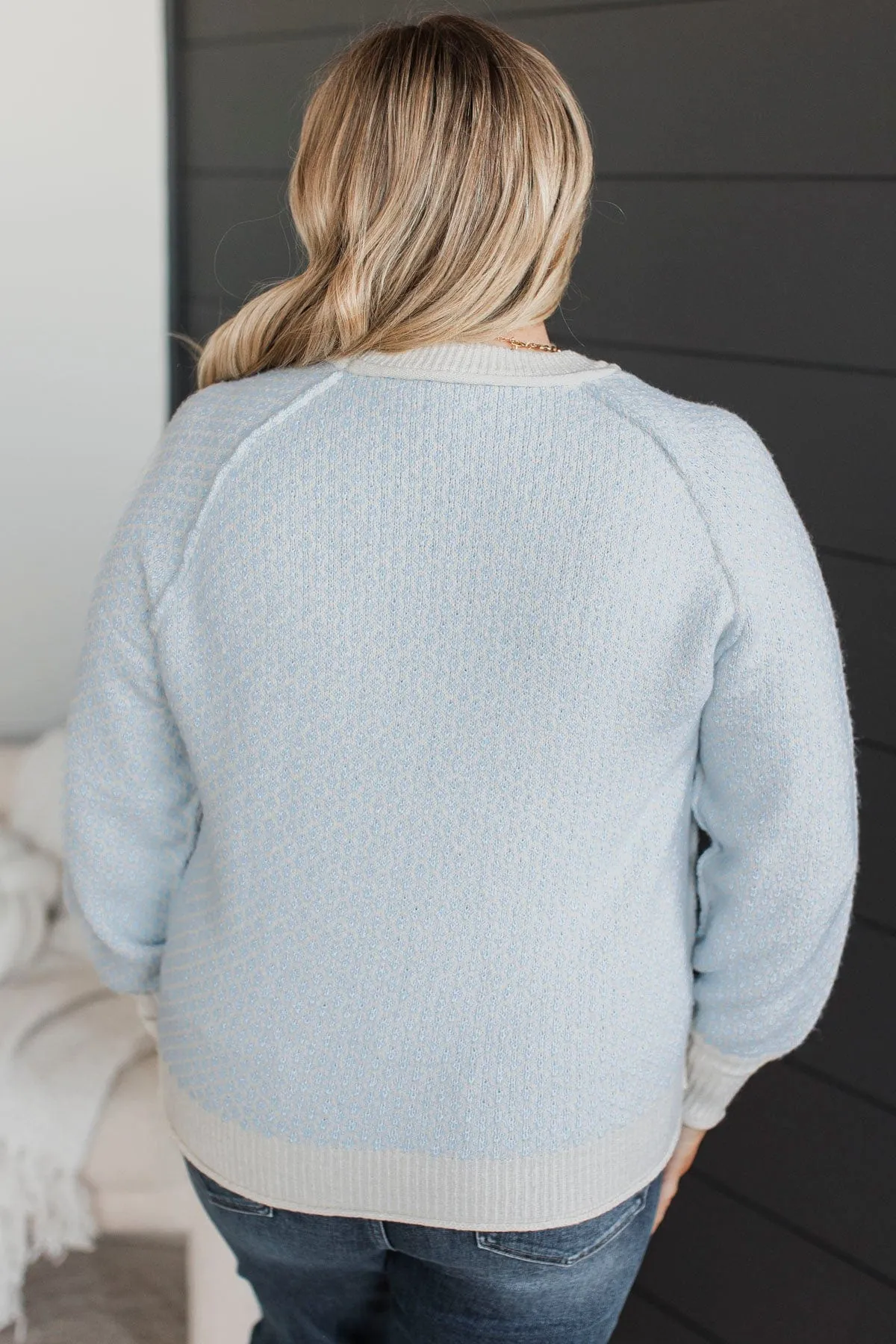 Just Stopping By Printed Knit Sweater- Chambray