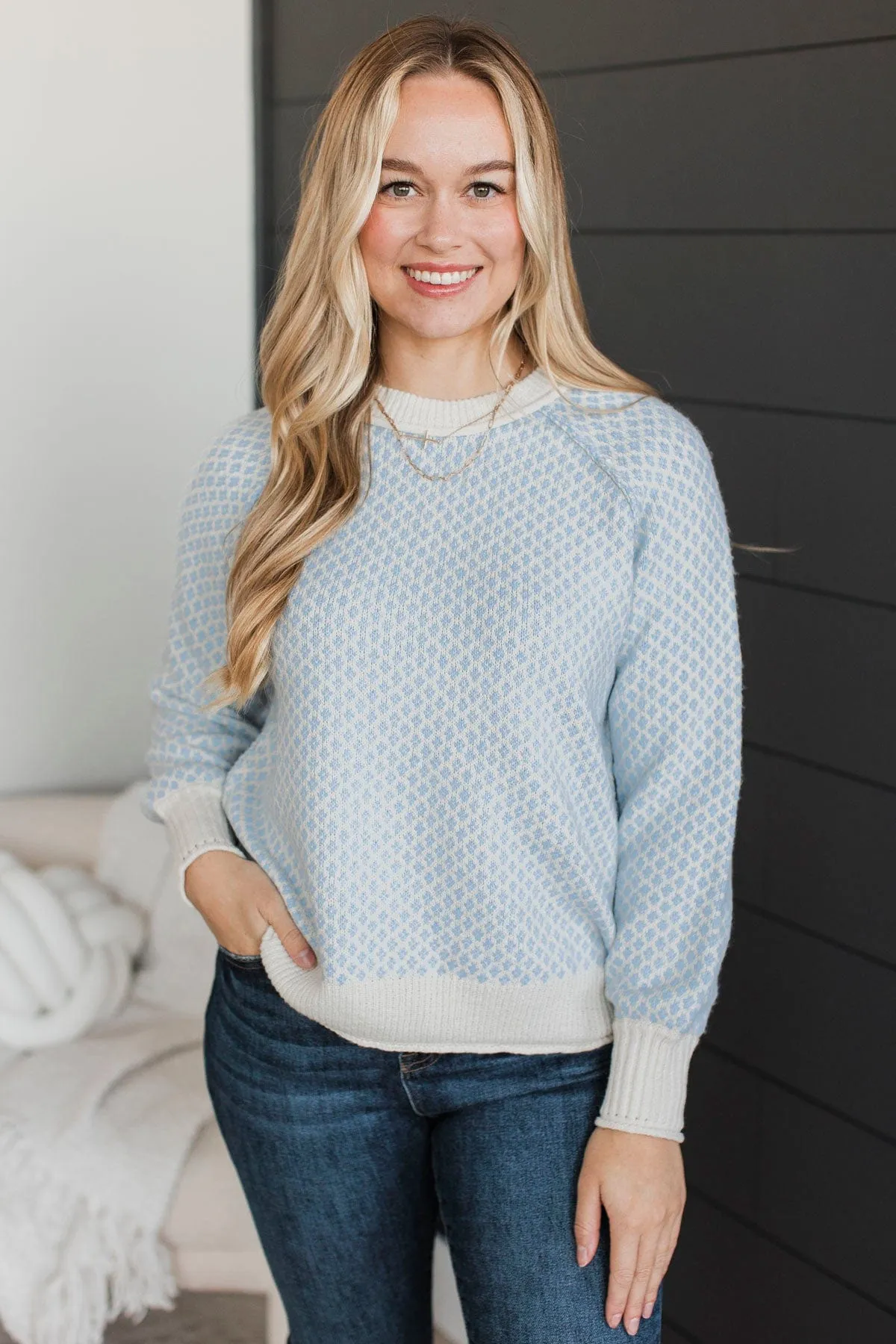 Just Stopping By Printed Knit Sweater- Chambray