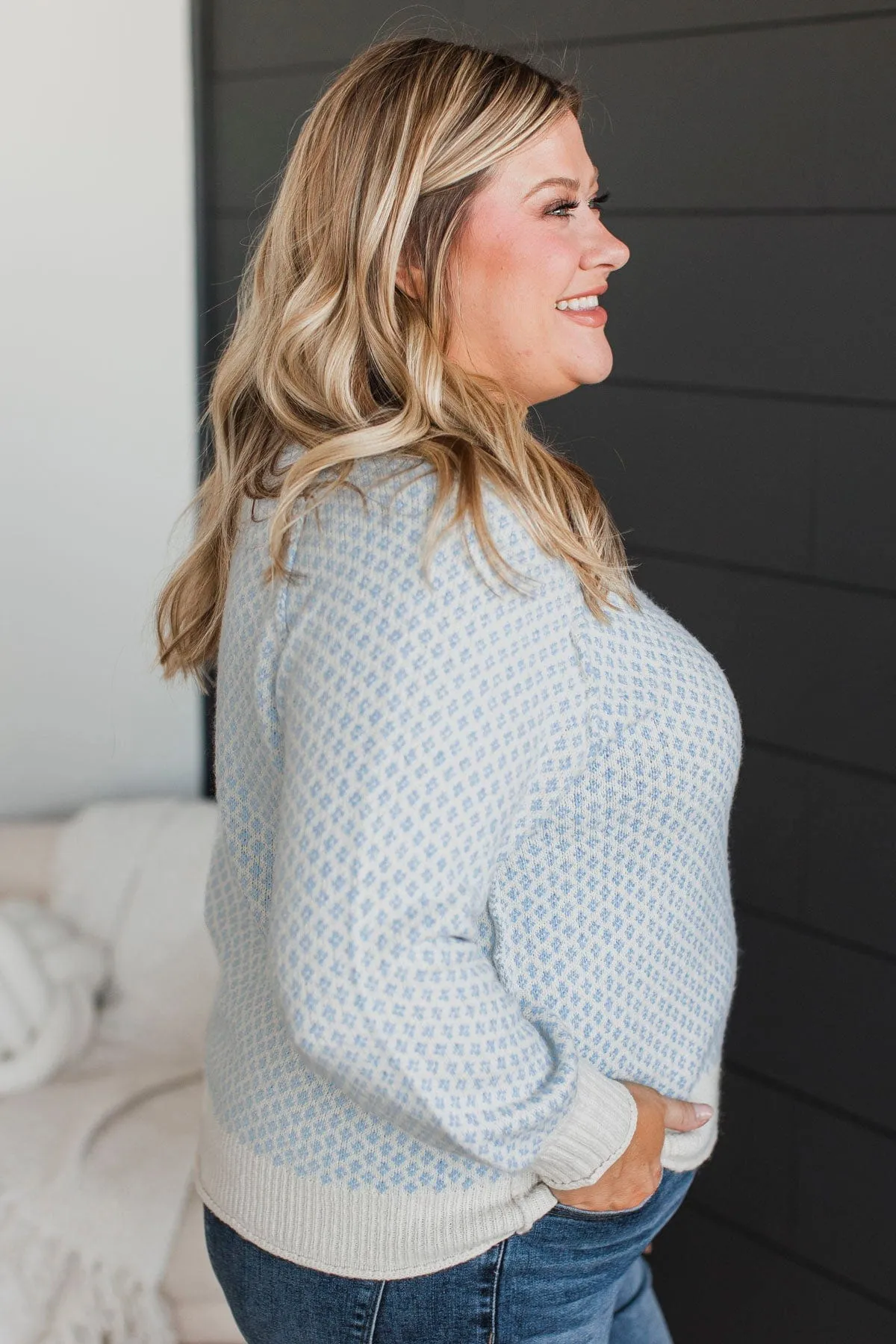 Just Stopping By Printed Knit Sweater- Chambray