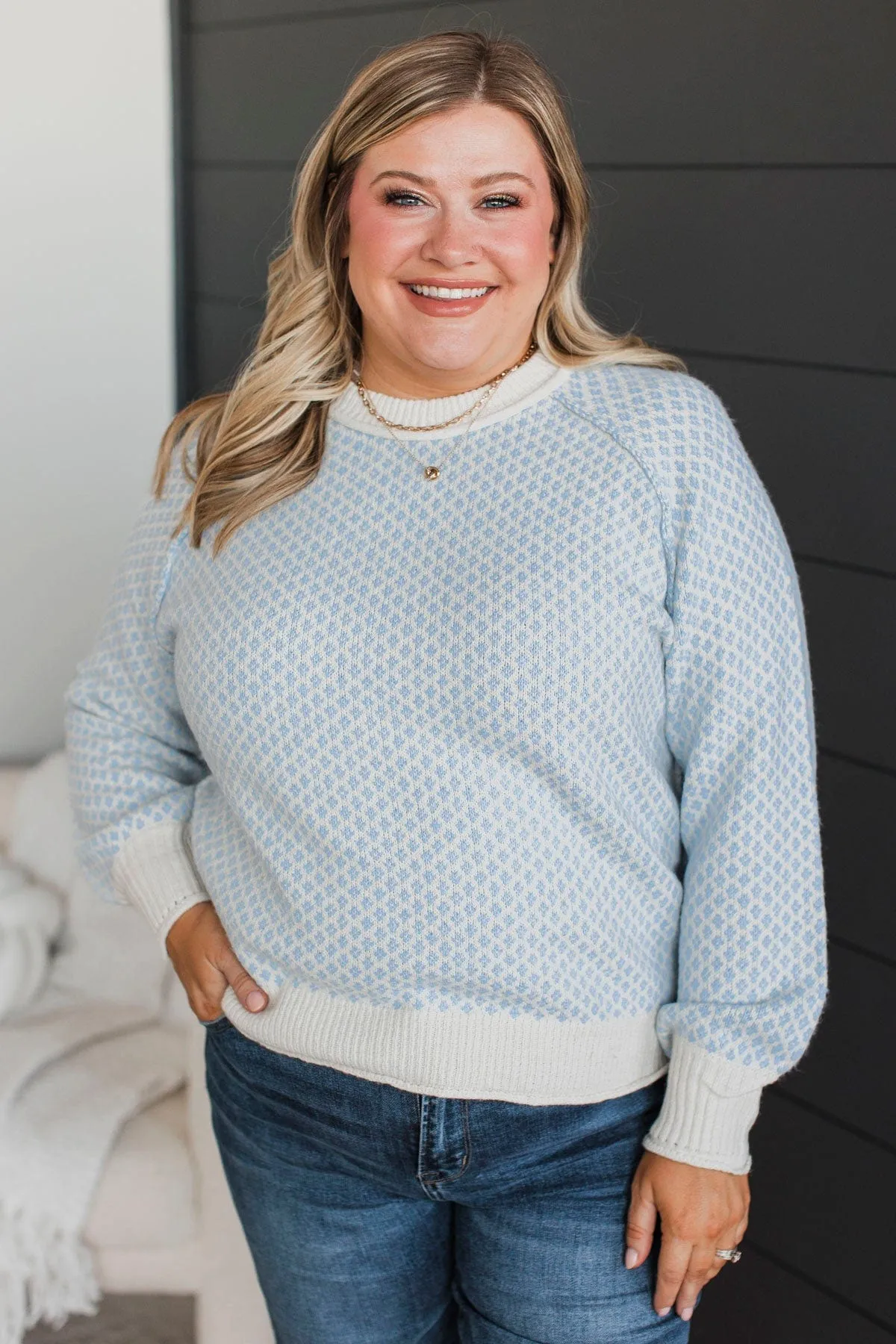Just Stopping By Printed Knit Sweater- Chambray