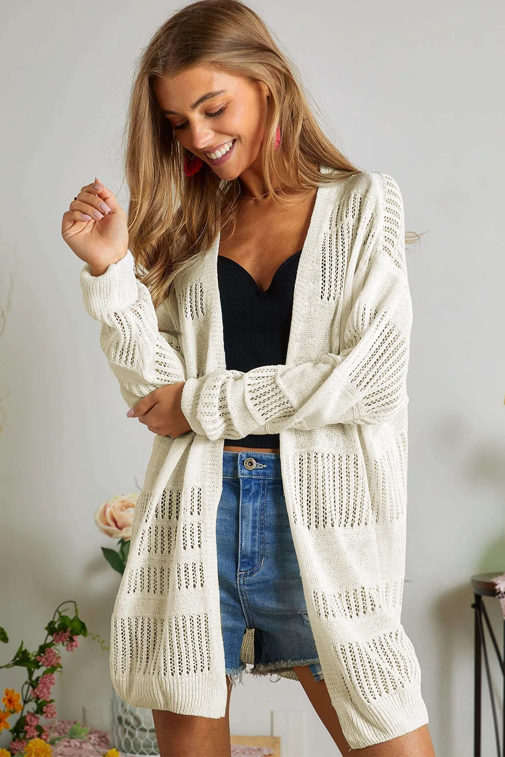 KaleaBoutique Solid Color Lightweight Open Knit Tunic Cardigan