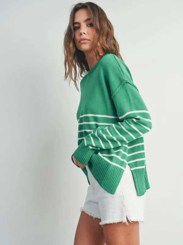 Kelly Green & Ivory Stripe Drop Shoulder Sweater