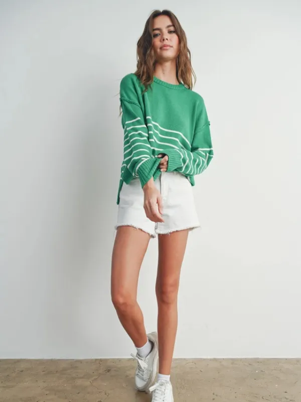 Kelly Green & Ivory Stripe Drop Shoulder Sweater