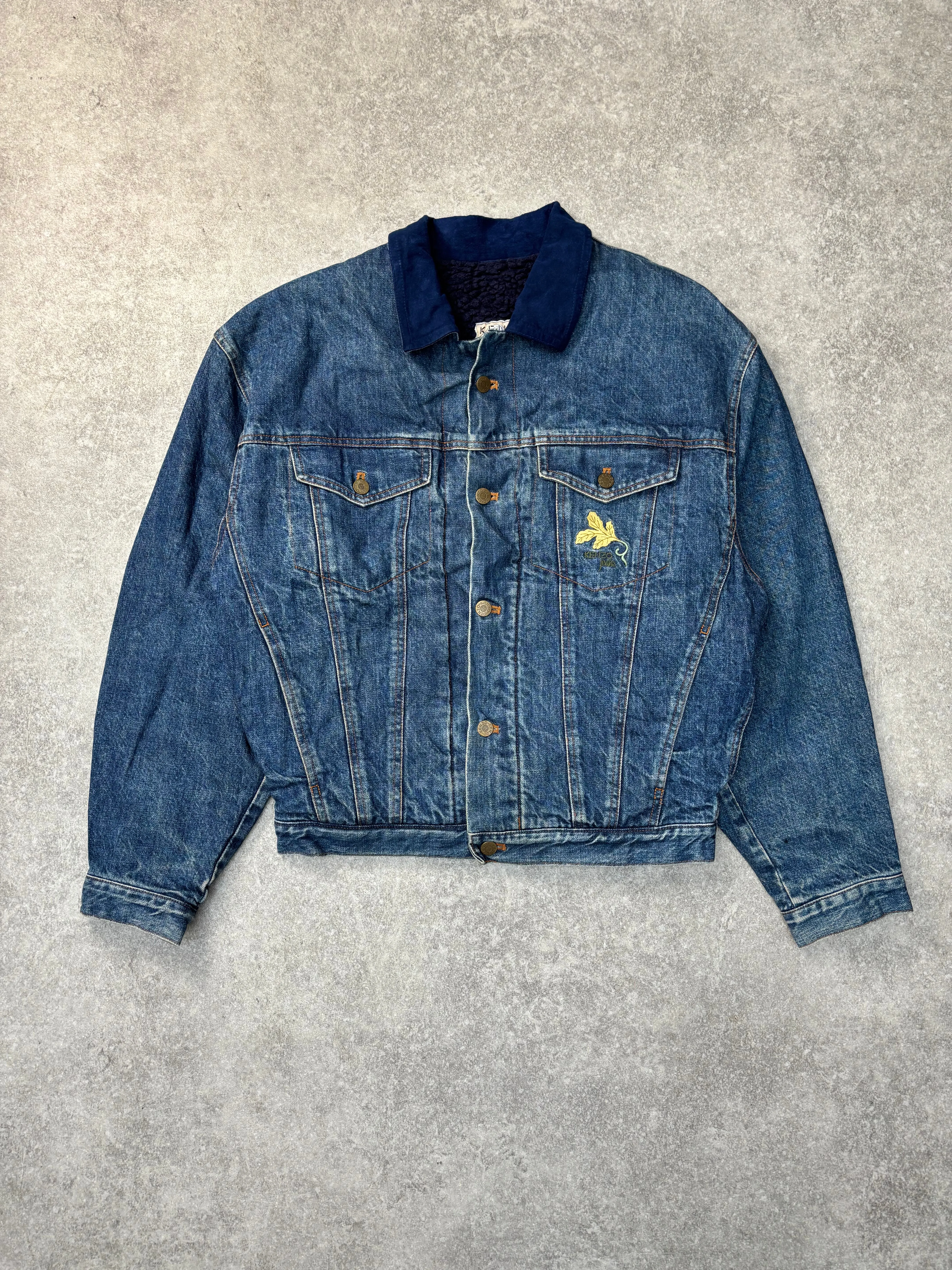 Kenzo Blue Suede Collar Faux Fur Lined Denim Jacket