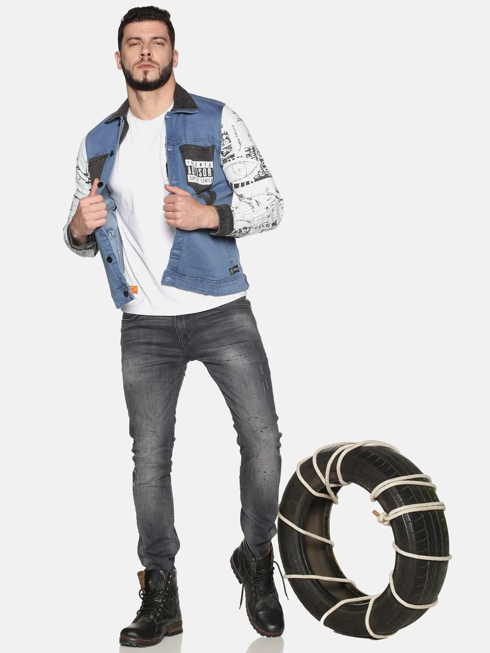 Kultprit Men's Full Sleeves Denim Jackets With Back & Sleeve Print