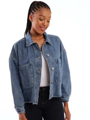 Ladies Printed Denim Jacket - Mid Blue