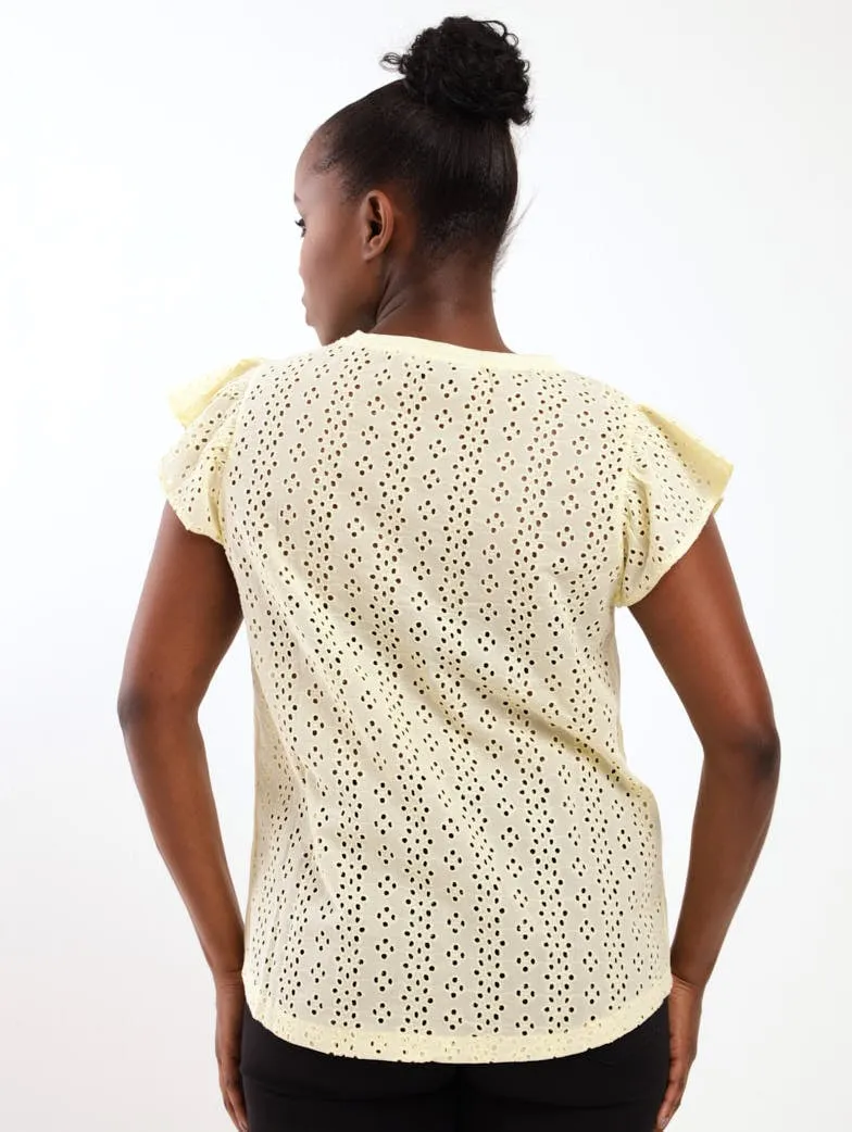 Ladies Sleeveless Anglaise Knit Combo Tank Top - Lemon