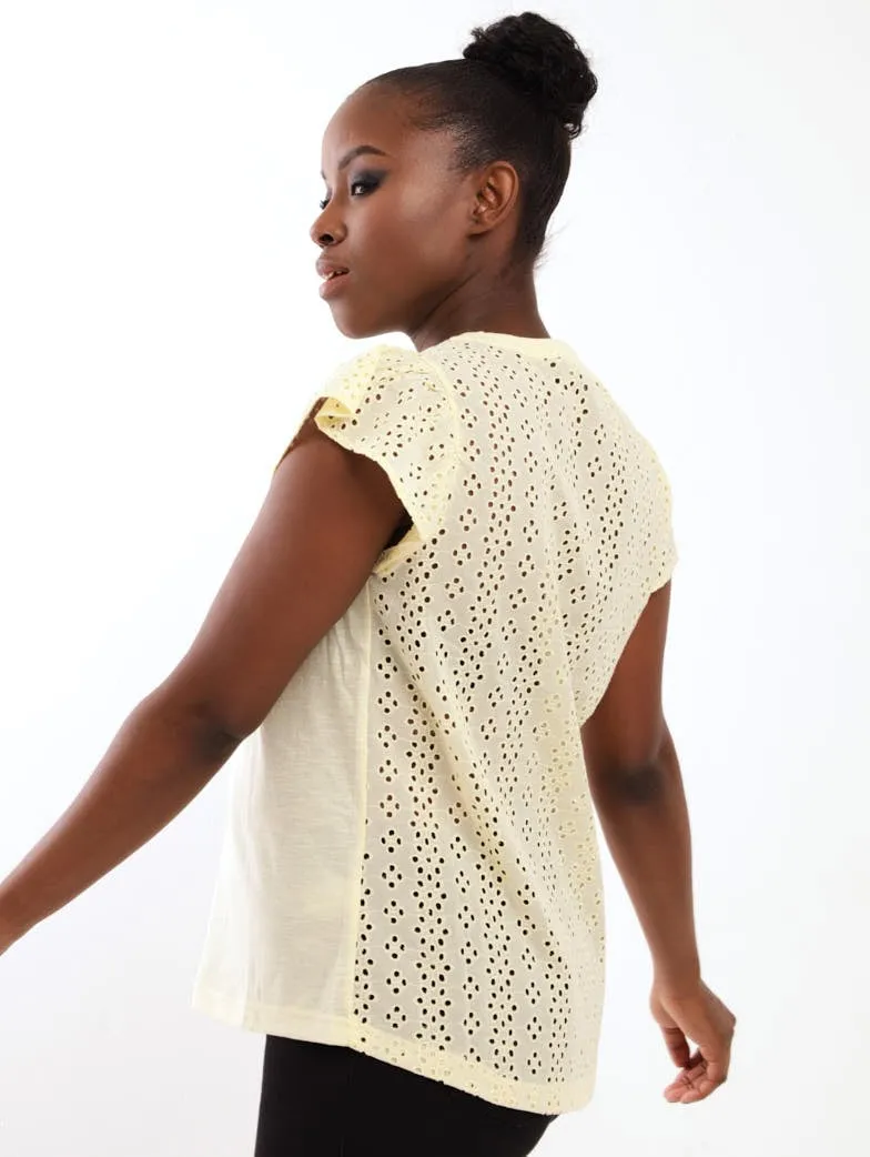 Ladies Sleeveless Anglaise Knit Combo Tank Top - Lemon
