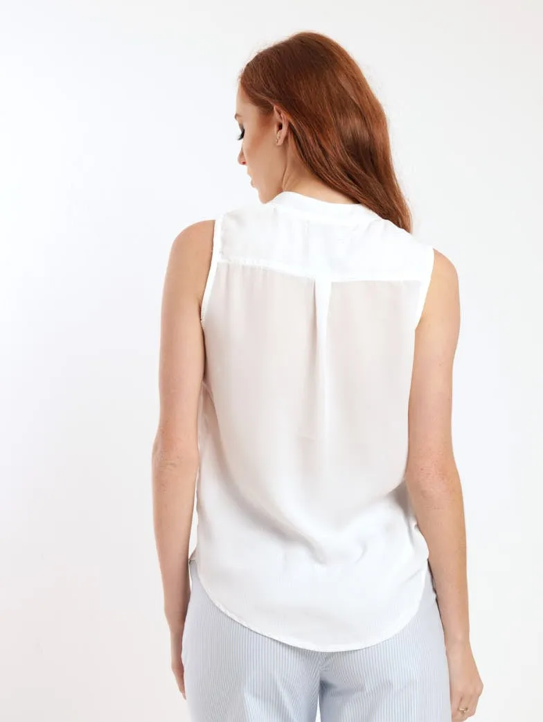 Ladies Sleeveless Metal Trim Henley Top - White