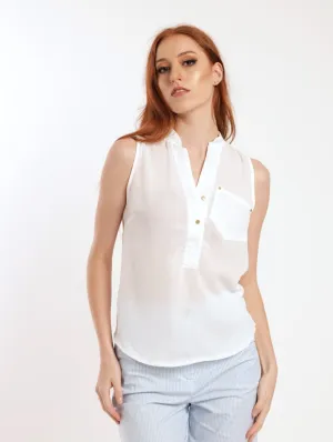 Ladies Sleeveless Metal Trim Henley Top - White
