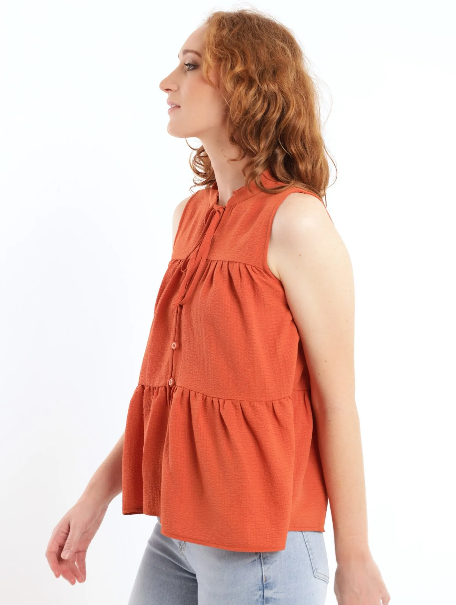 Ladies Sleeveless Tiered Crinkle Tank Top - Caramel