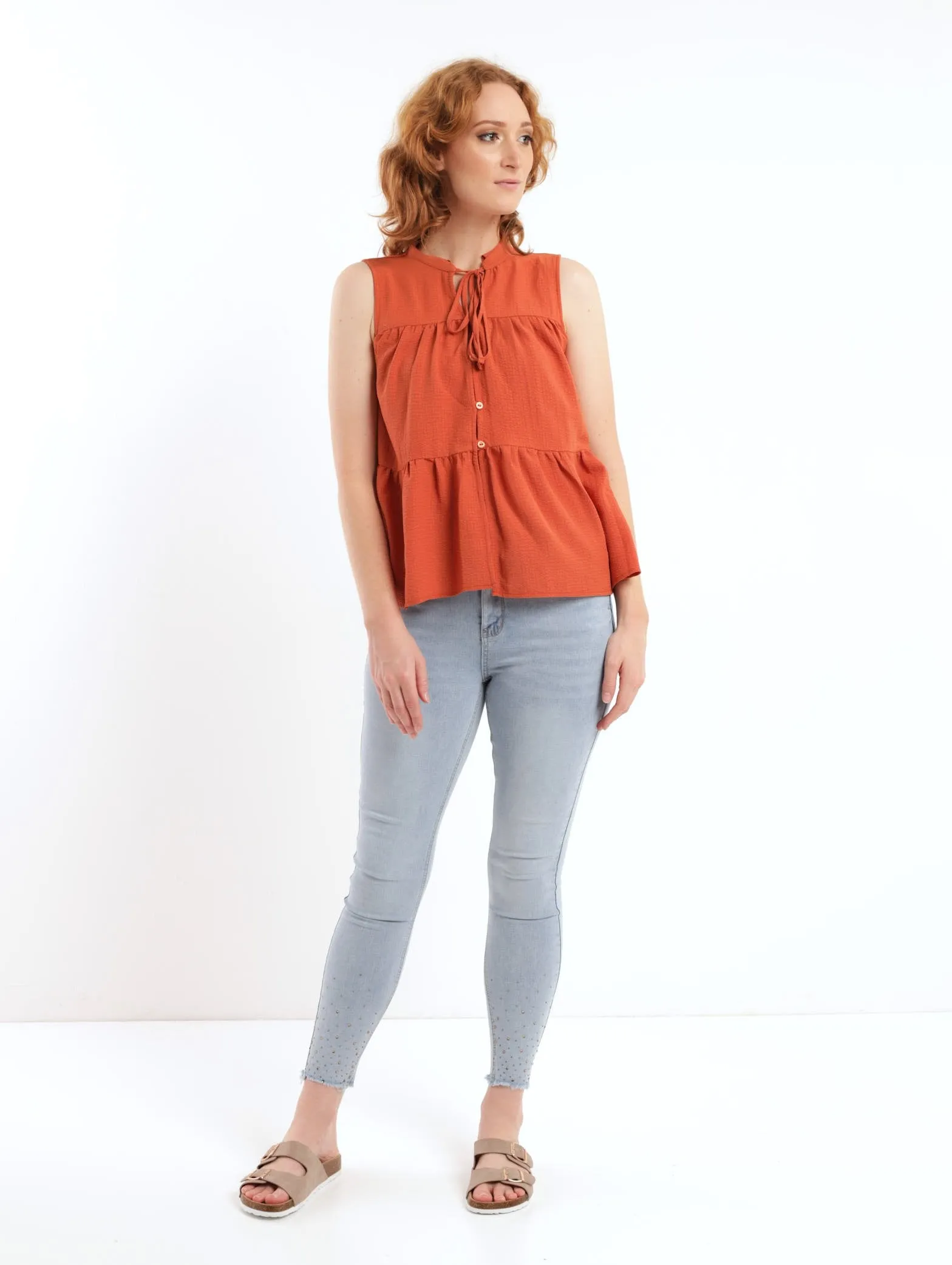 Ladies Sleeveless Tiered Crinkle Tank Top - Caramel