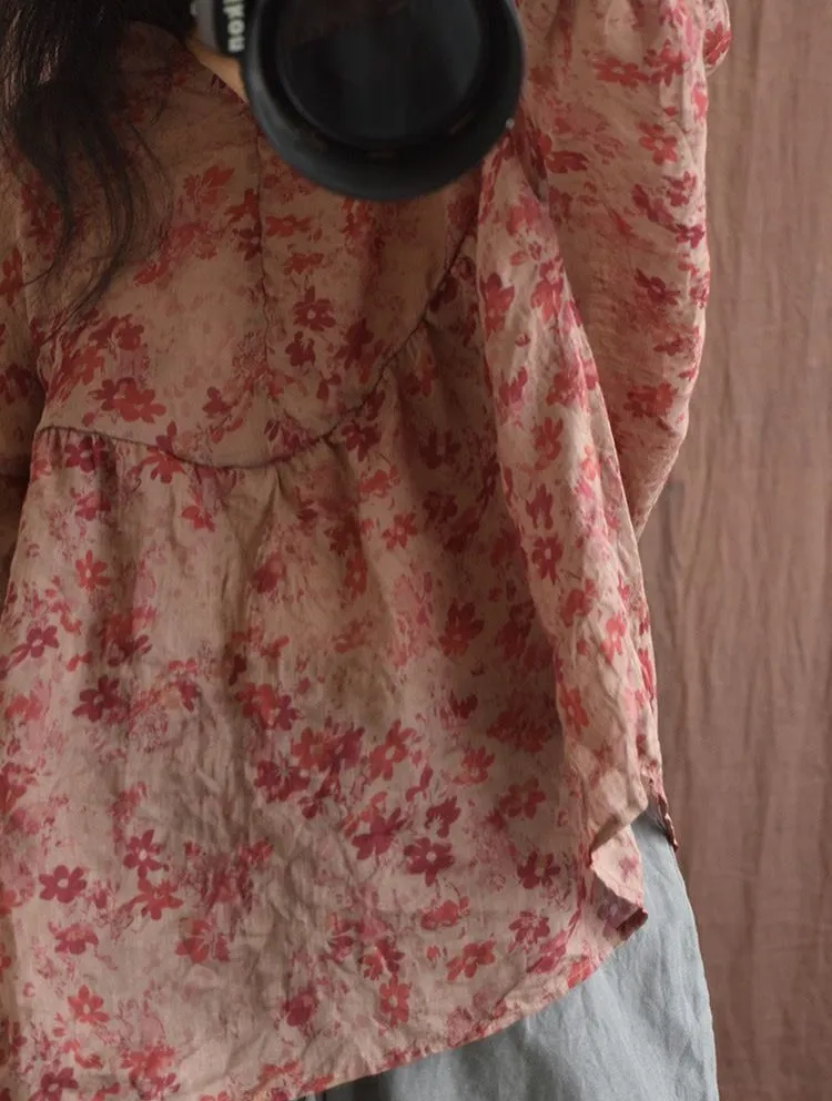 Ladies Vintage Floral Printed Lightweight Loose Ramie Blouses