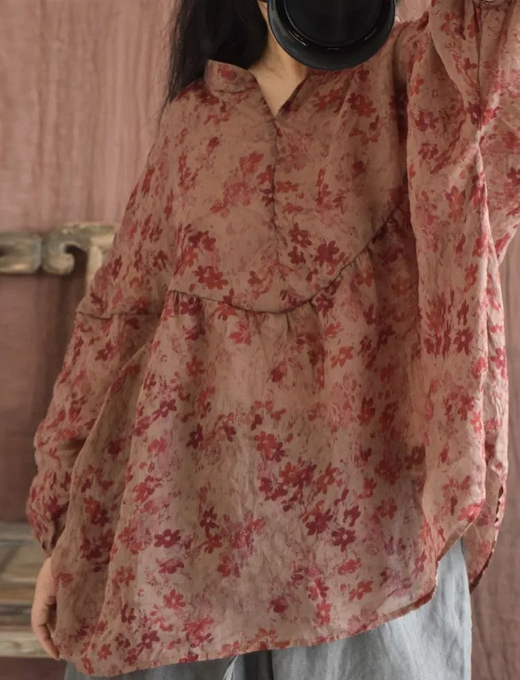 Ladies Vintage Floral Printed Lightweight Loose Ramie Blouses