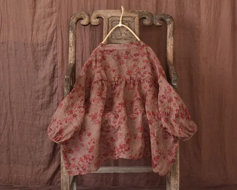 Ladies Vintage Floral Printed Lightweight Loose Ramie Blouses