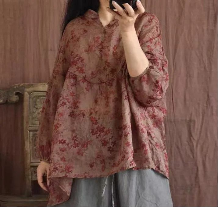 Ladies Vintage Floral Printed Lightweight Loose Ramie Blouses