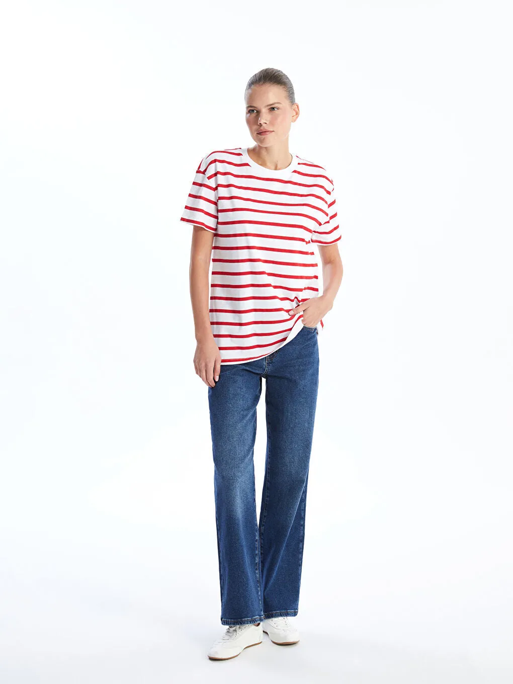 LCW Comfort Black Crew Neck Striped Women T-Shirt