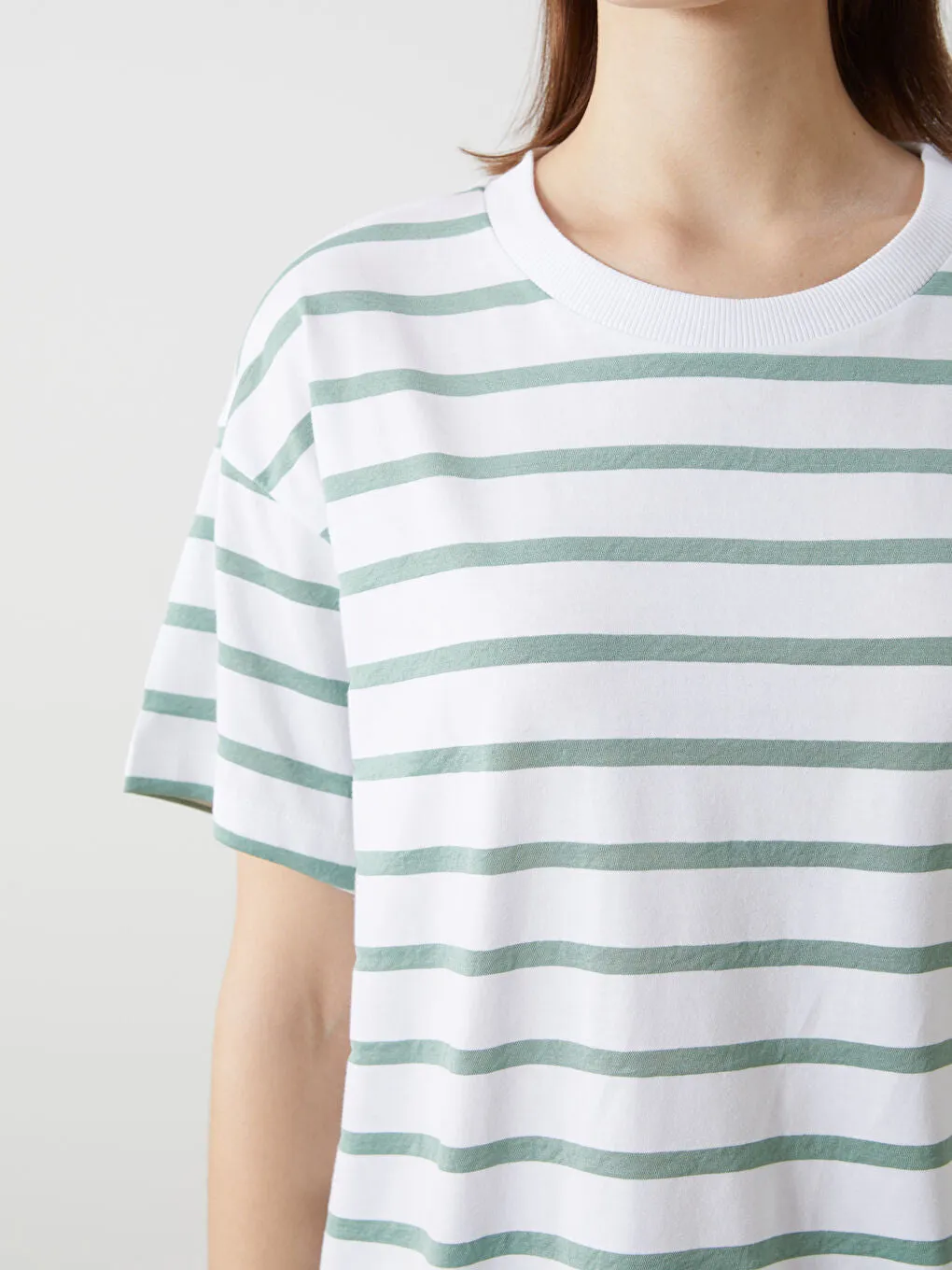 LCW Comfort Black Crew Neck Striped Women T-Shirt