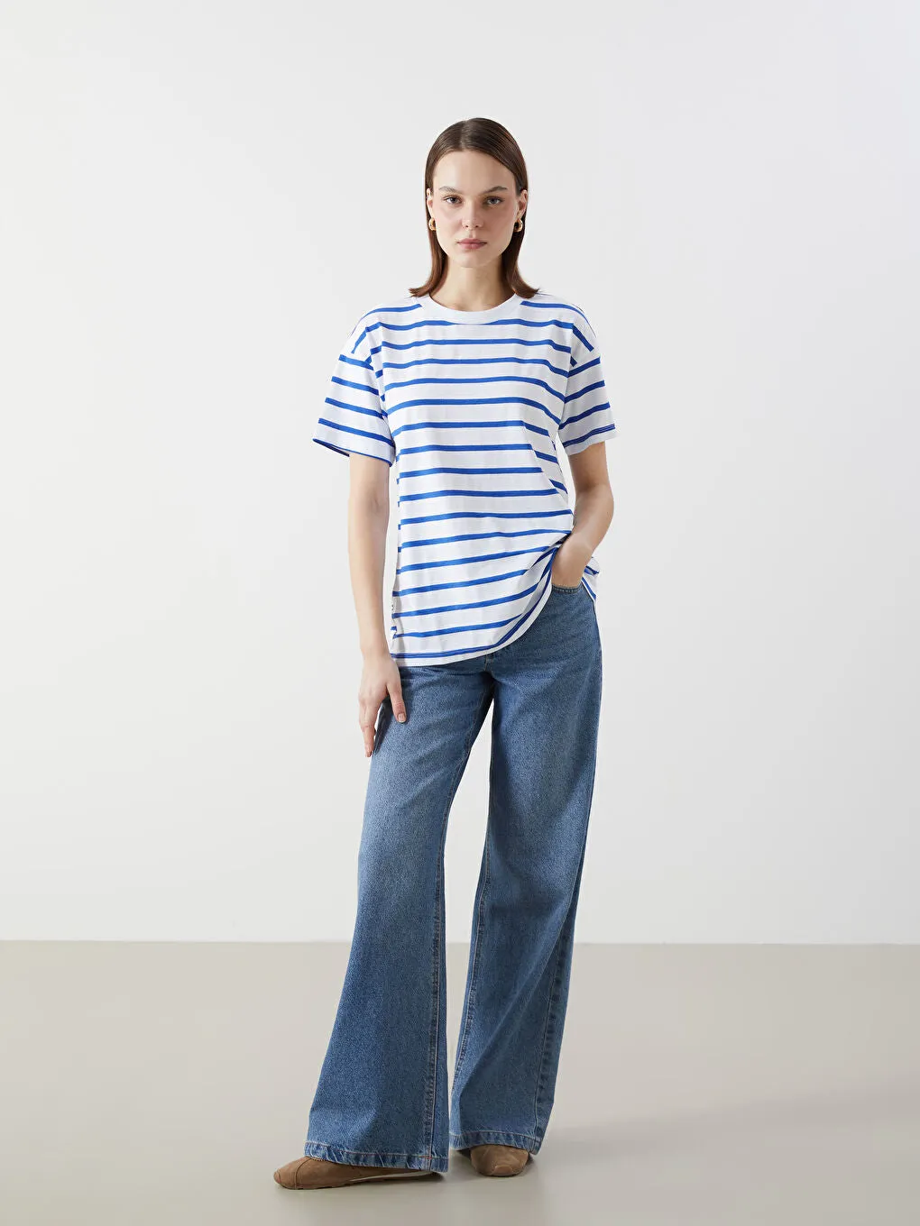 LCW Comfort Black Crew Neck Striped Women T-Shirt