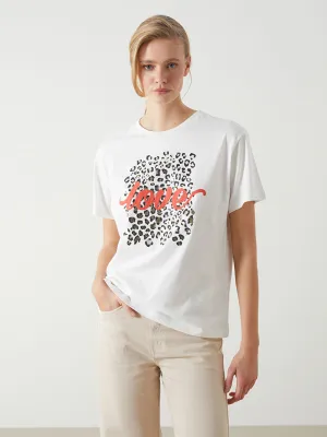 LCW Vision Ecru Crew Neck Printed Women T-Shirt