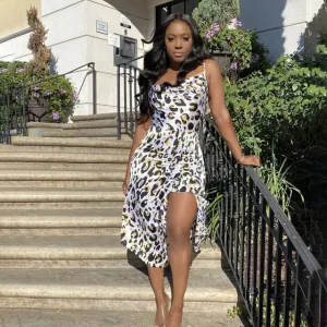Leopard Printed Ruffles Spaghetti Strapless Dress