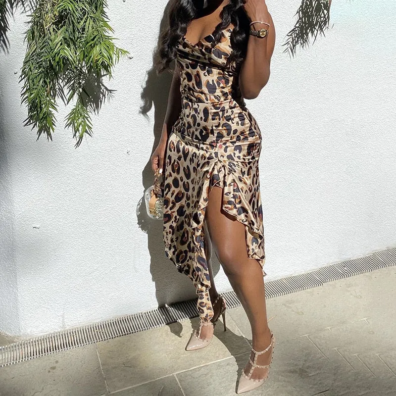 Leopard Printed Ruffles Spaghetti Strapless Dress