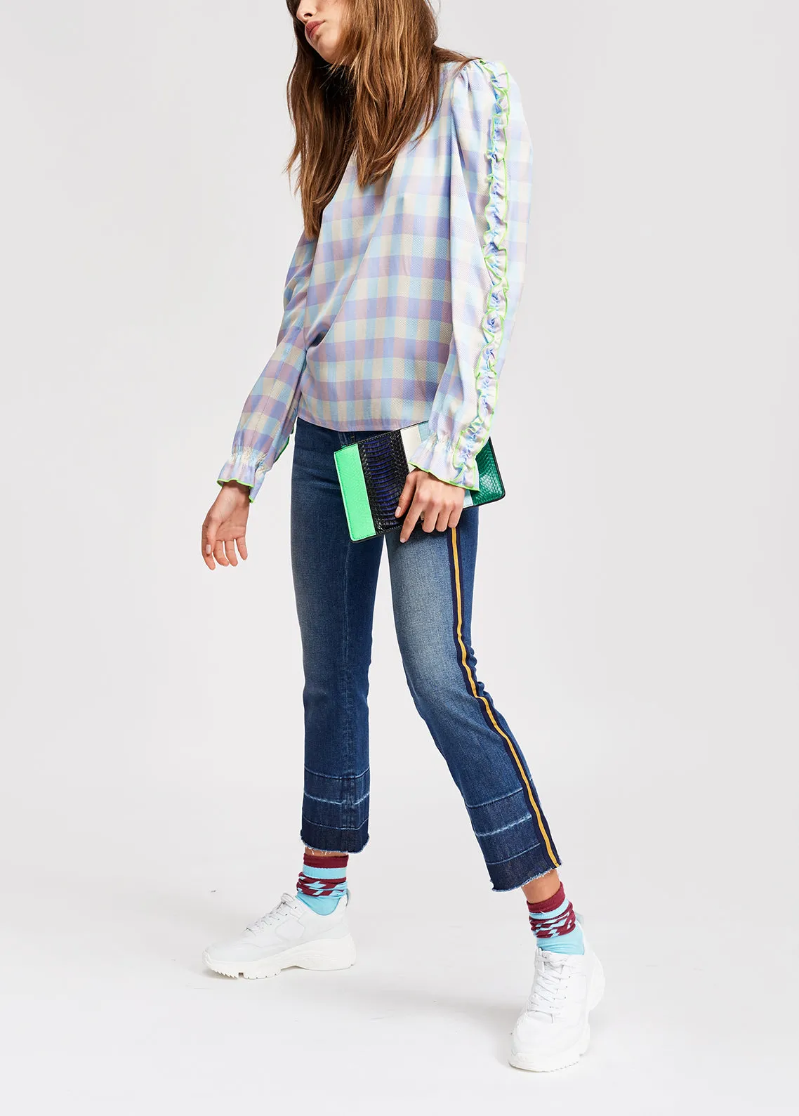 Light blue and purple checked top with ruffled sleeves