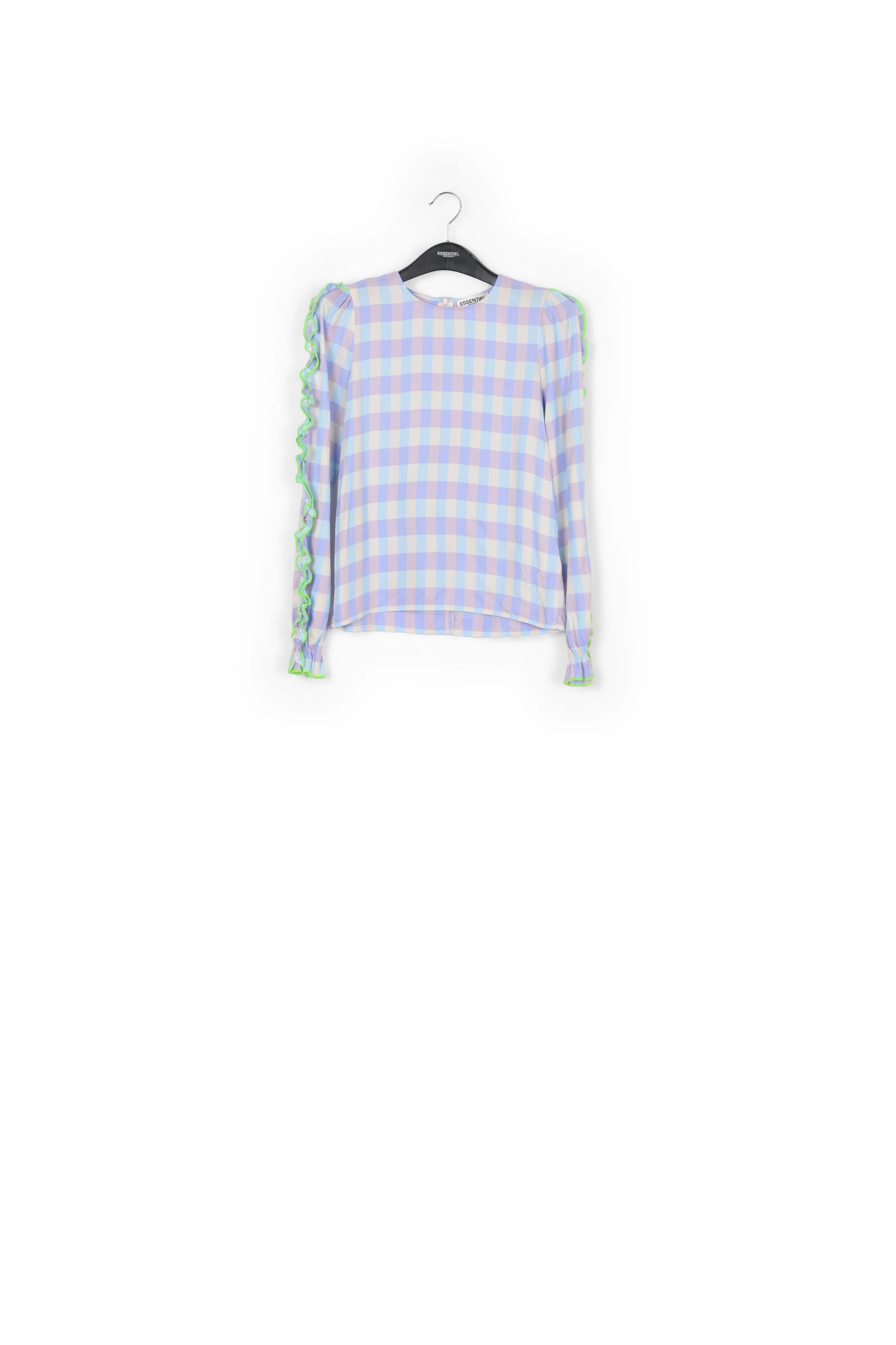 Light blue and purple checked top with ruffled sleeves