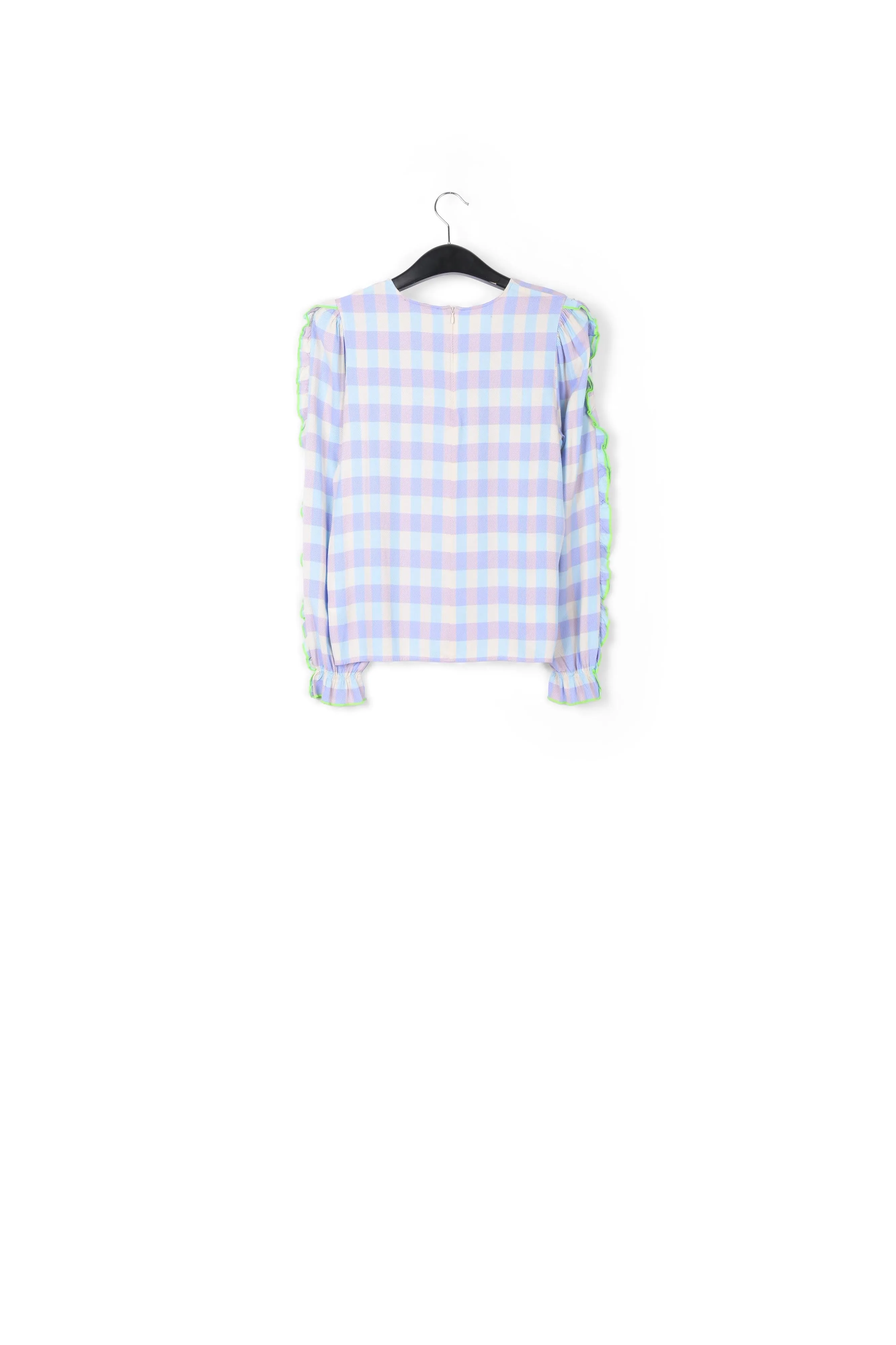 Light blue and purple checked top with ruffled sleeves