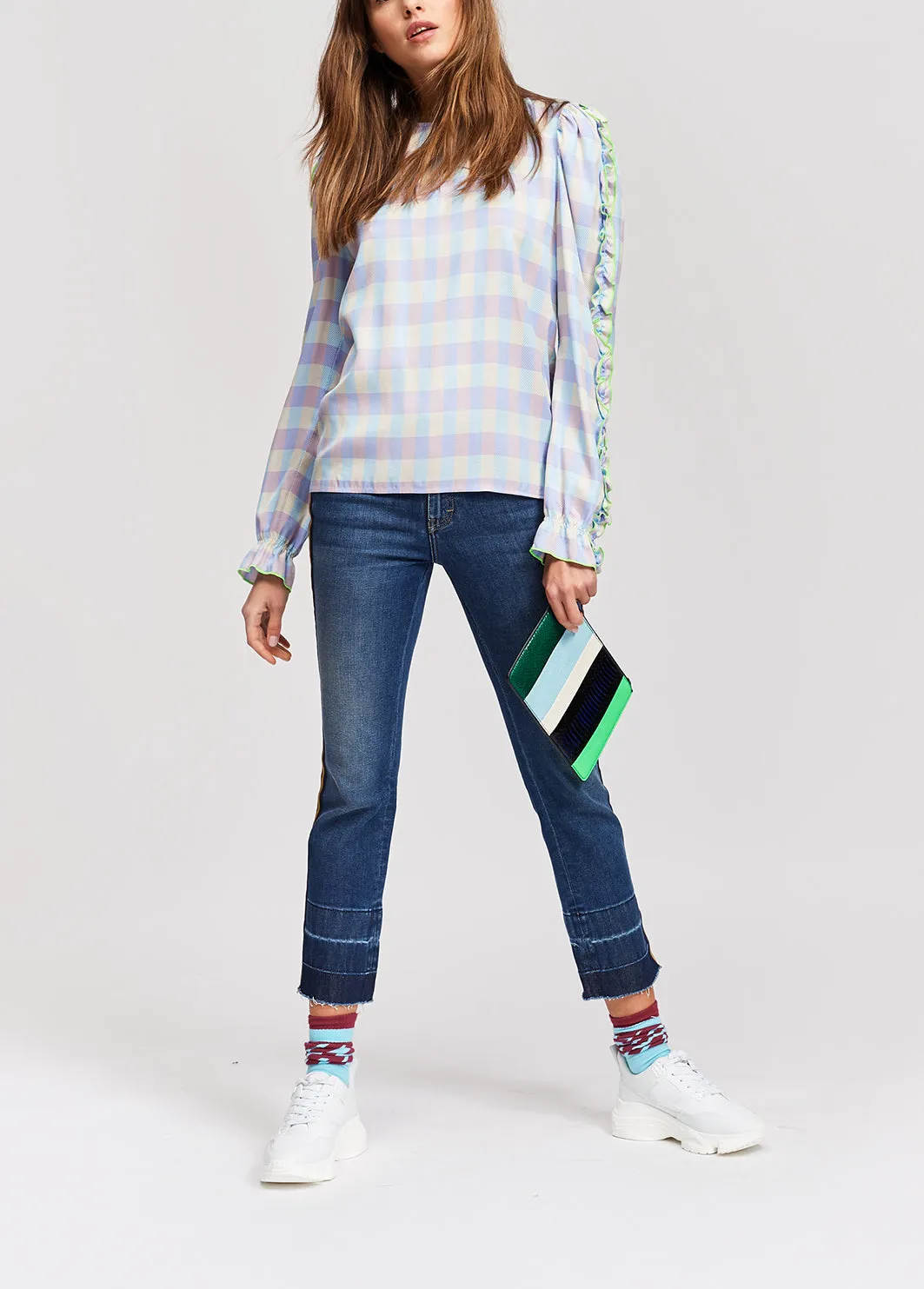Light blue and purple checked top with ruffled sleeves