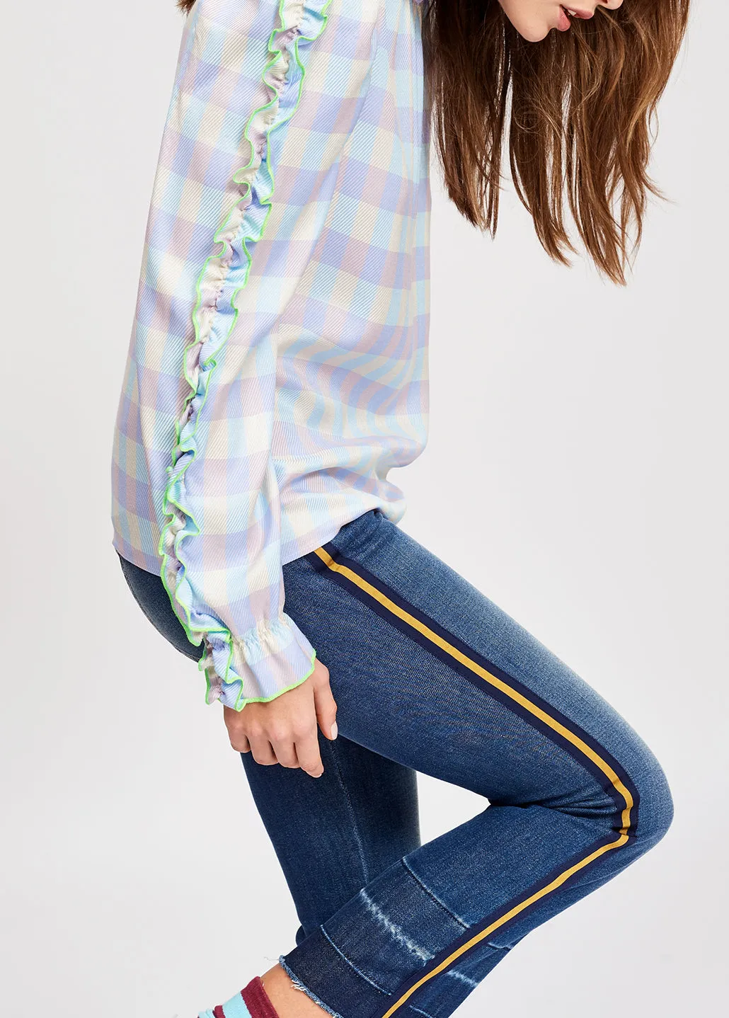 Light blue and purple checked top with ruffled sleeves
