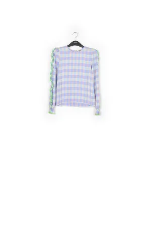 Light blue and purple checked top with ruffled sleeves