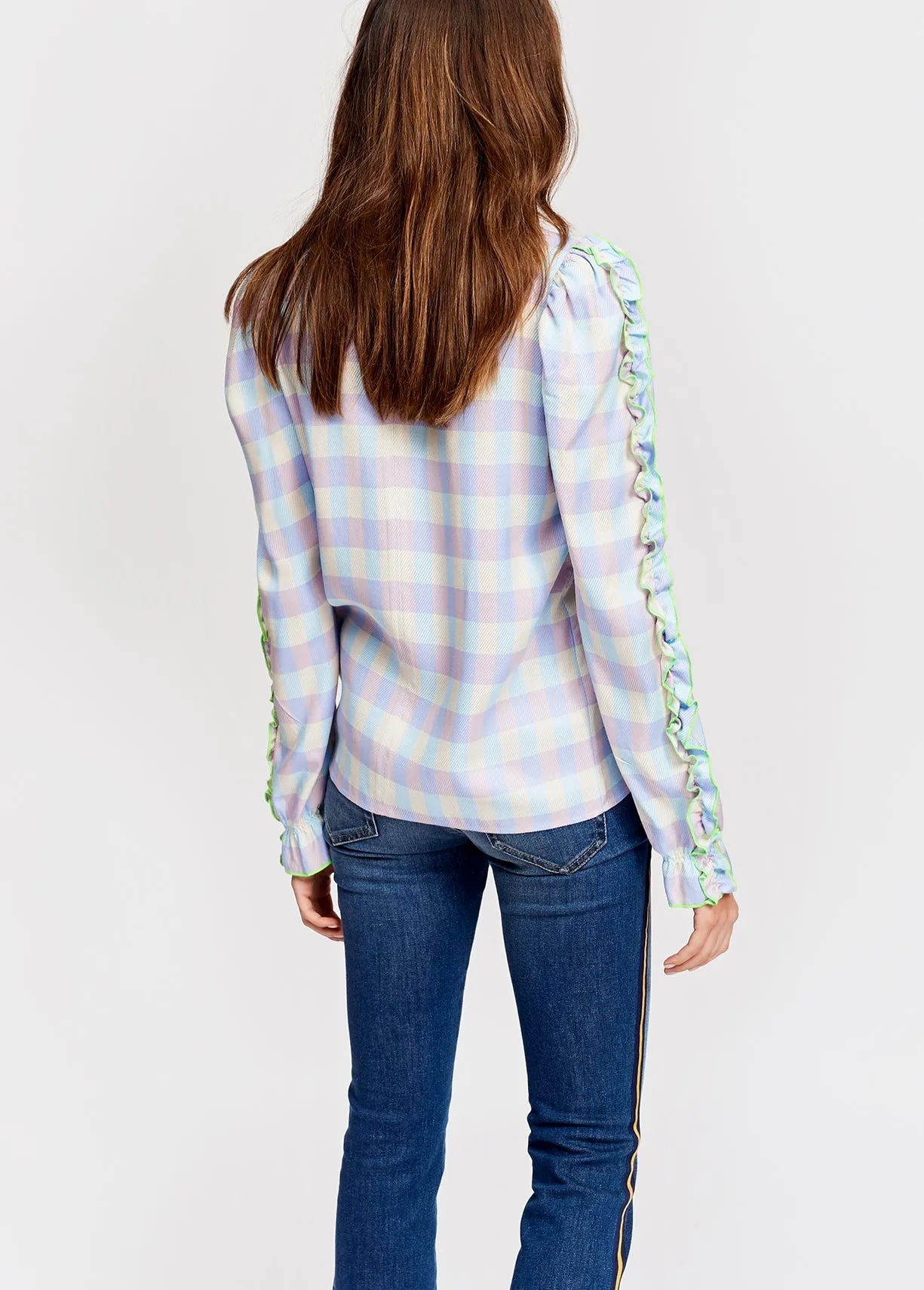 Light blue and purple checked top with ruffled sleeves