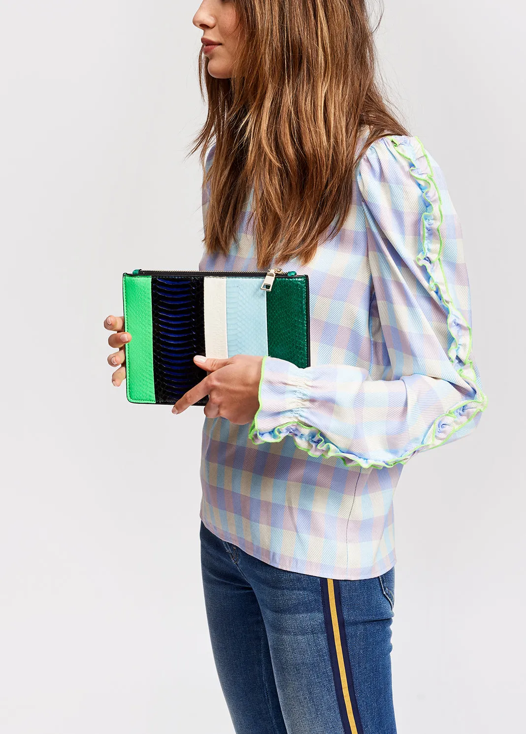Light blue and purple checked top with ruffled sleeves