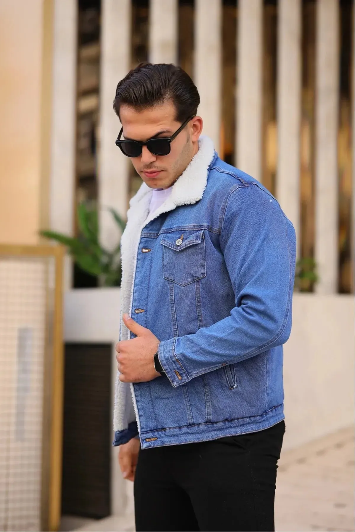 Light Blue Denim Jacket with Full White Fur for Men – HB Industries
