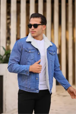 Light Blue Denim Jacket with Full White Fur for Men – HB Industries