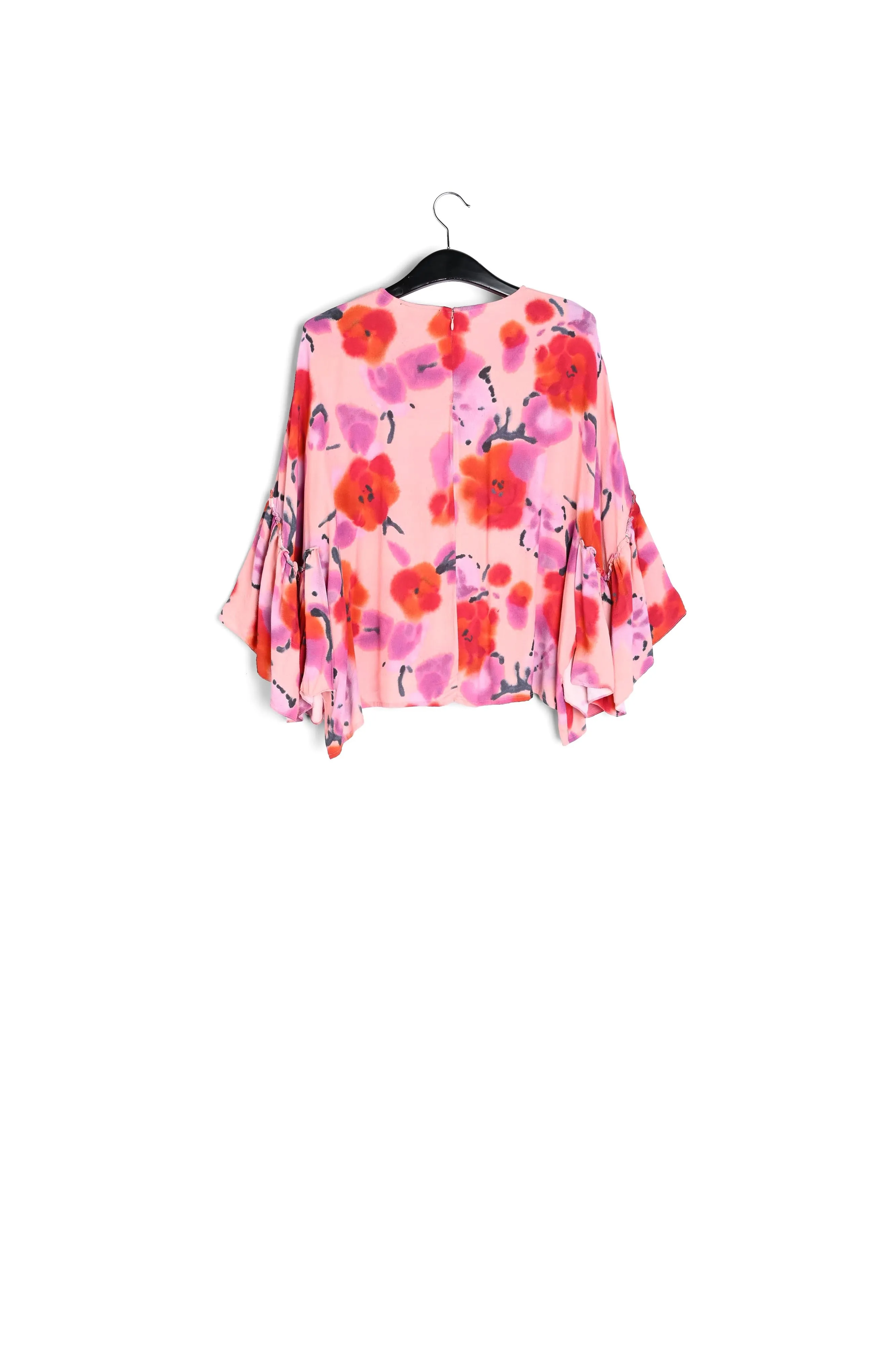 Light pink, red and purple floral printed top with ruffled sleeves