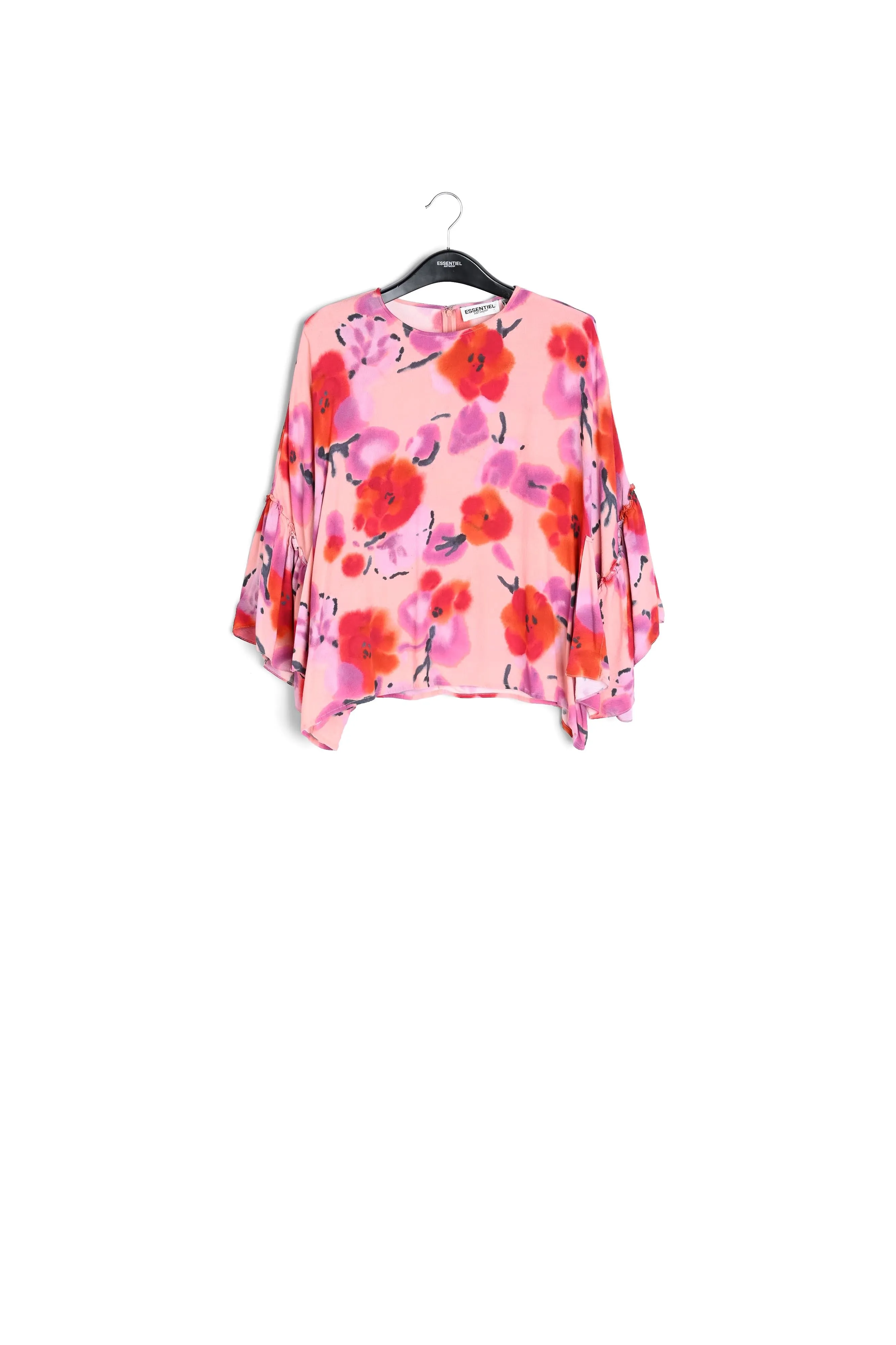 Light pink, red and purple floral printed top with ruffled sleeves