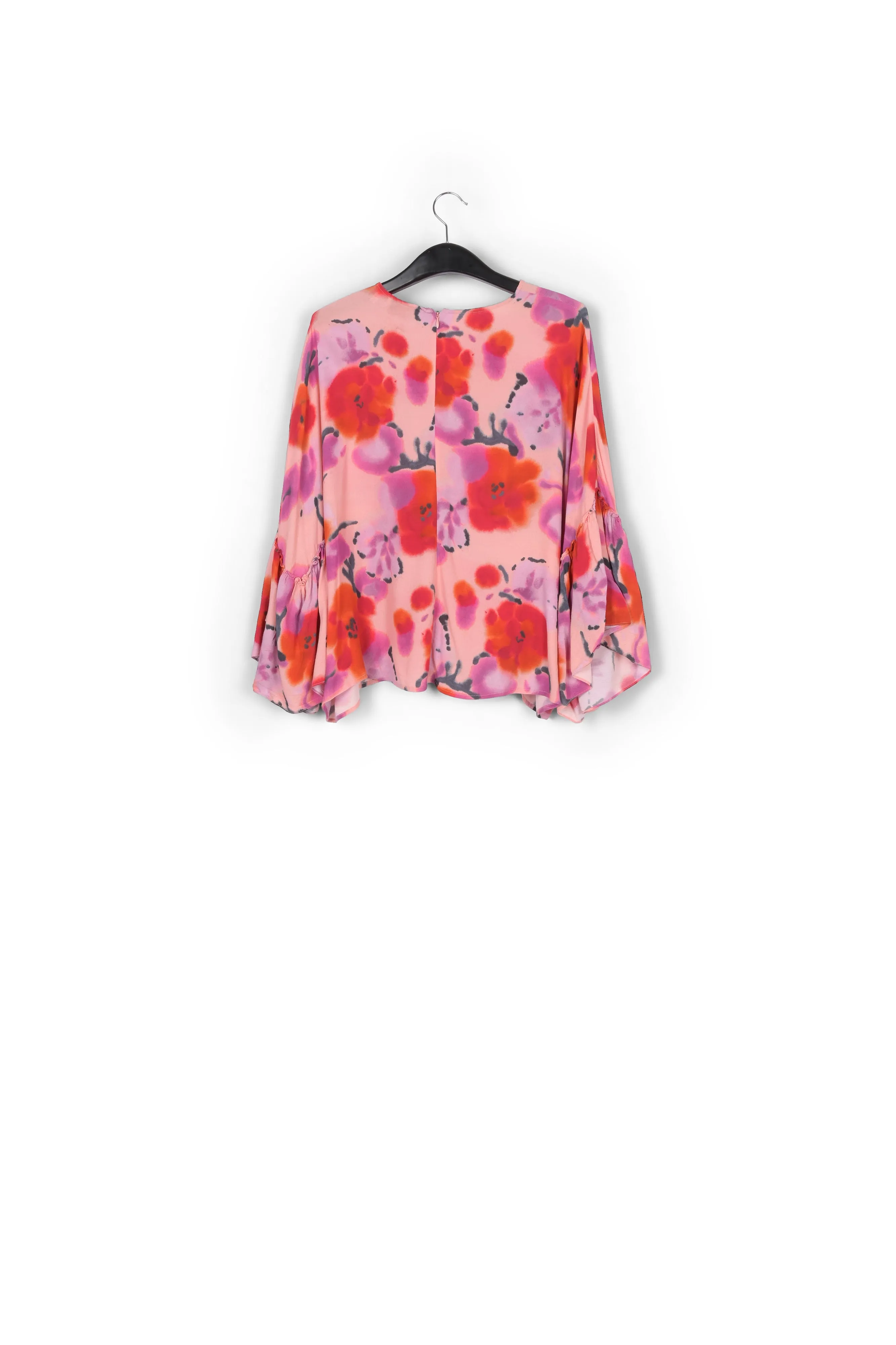 Light pink, red and purple floral printed top with ruffled sleeves