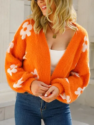 Long Sleeves Loose Knitted Flower Collarless Cardigan Tops