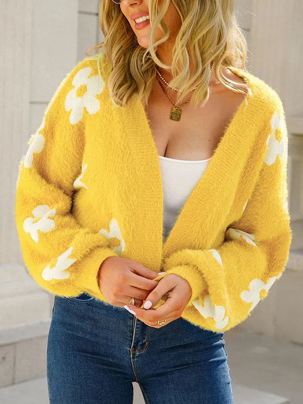 Long Sleeves Loose Knitted Flower Collarless Cardigan Tops
