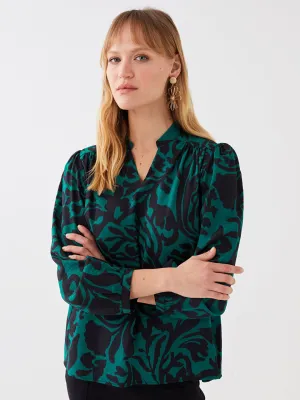 Loose Collar Patterned Long Sleeve Women Blouse